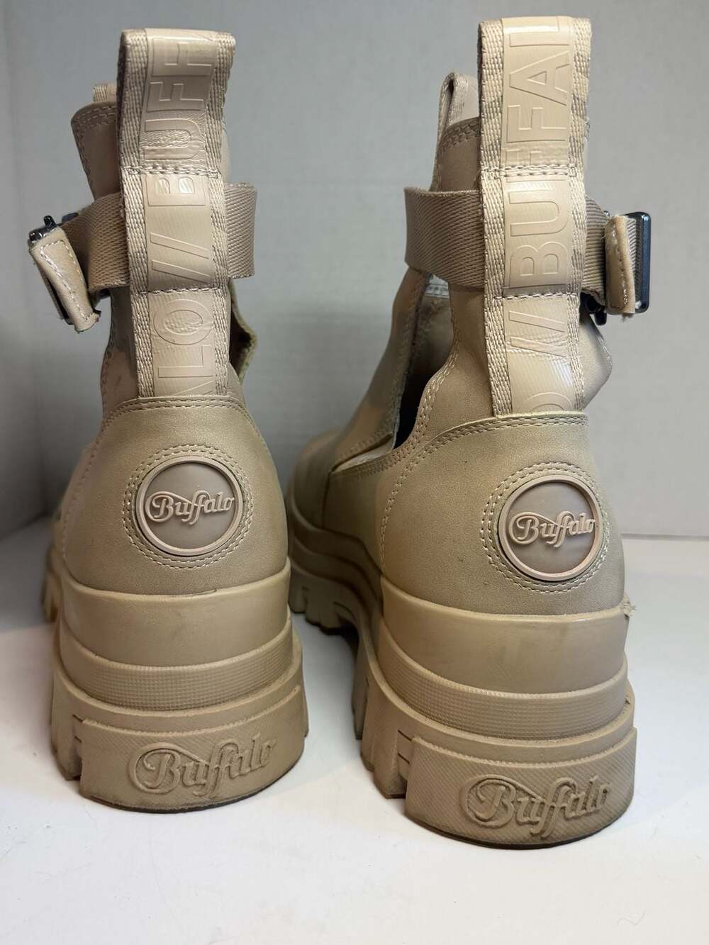 Buffalo Aspha Com1 Chunky Platform Ankle Boots in Beige with Buckle Strap